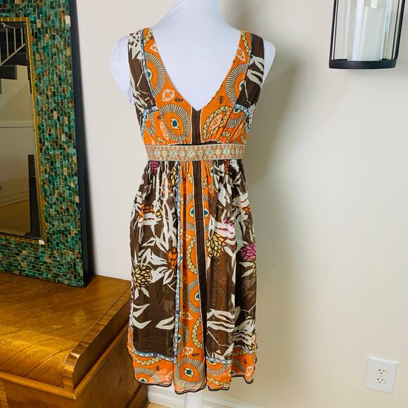 Vintage Nicole Miller Sz 4 Silk Plunge Sleeveless Dress Brown Orange Summer Fall - Picture 3 of 11